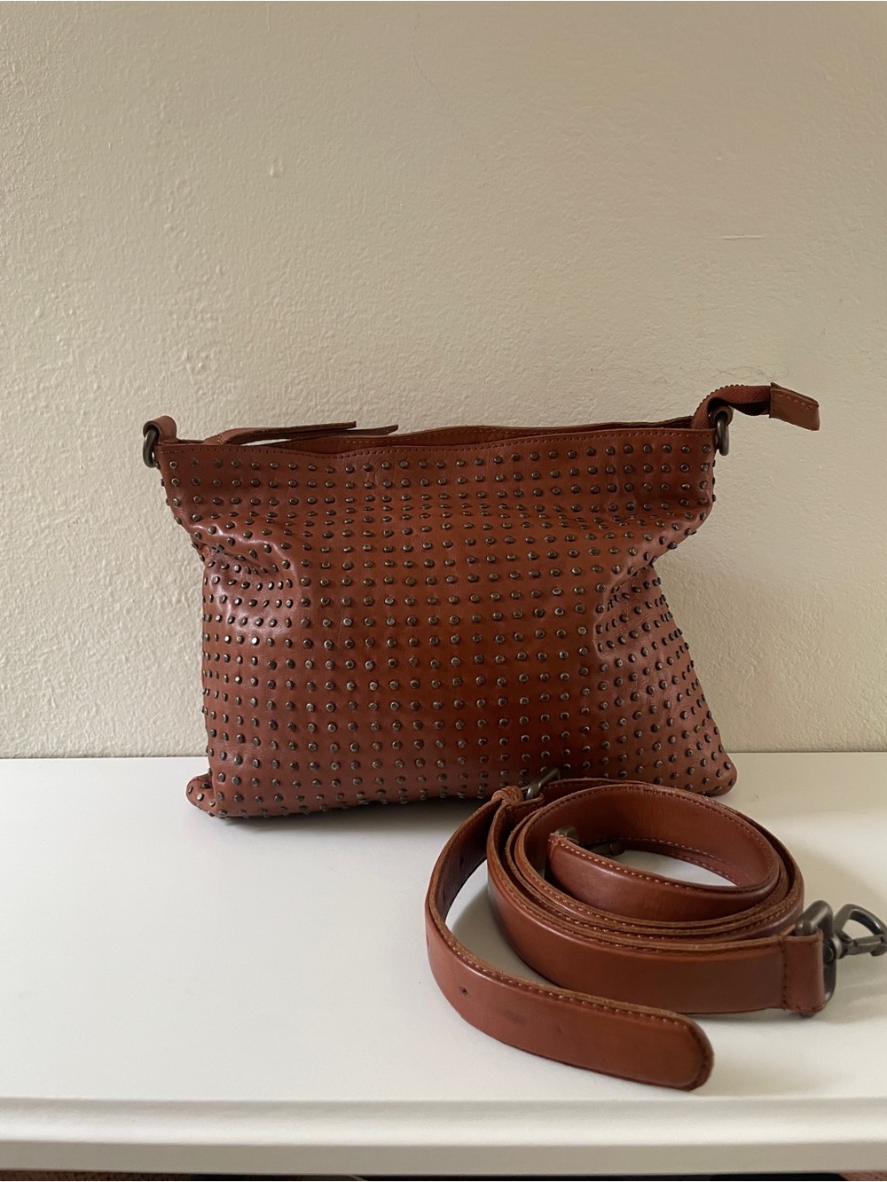Studded Italian Leather Crossbody Bag in Brown